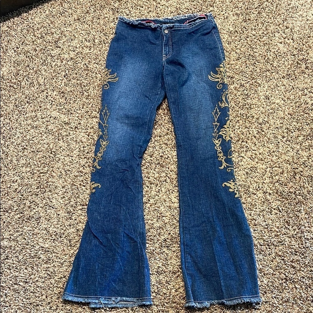 COPY - Y2k low rise JNCO Vintage flare tribal Gold Graphic Jeans